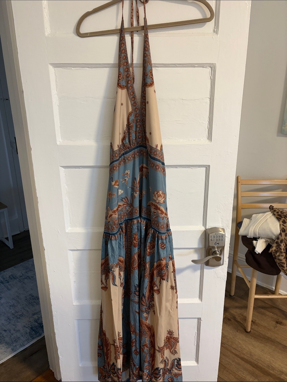 Boho Floral Halter Maxi Dress - Blue & Cream